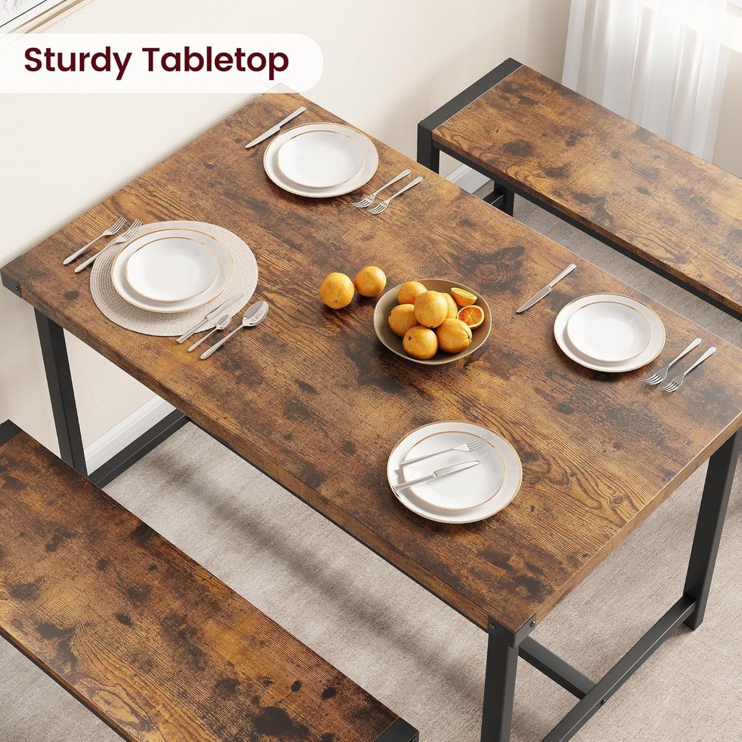 3 Piece Dining Table Set for 4 with Space-Saving Benches, Tabletop, Steel Frame, Modern Farmhouse Kitchen Table for Small Spaces Rustic Brown