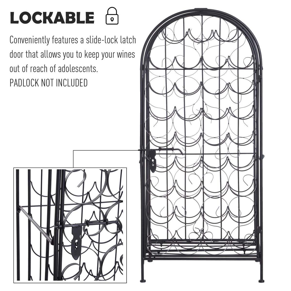 35 Bottle Wrought Iron Rack Cabinet with Lock, Black