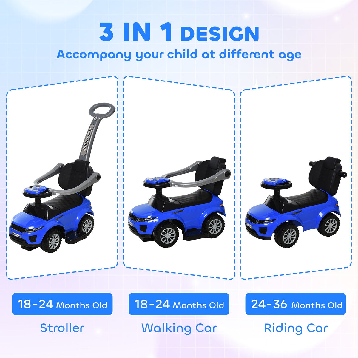 3 In 1 Push Cars for Toddlers Kid Ride on Push Car Stroller Sliding Car with Horn Music Function, Blue