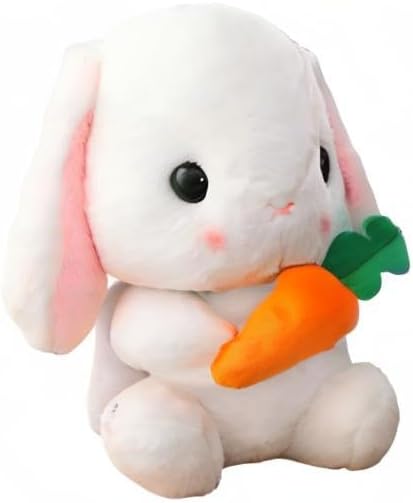 HOUPU Soft Toy - Sitting Lop Eared Rabbit, Easter White Rabbit Stuffed Bunny Animal with Carrot Soft Lovely Realistic Long-Eared Standing Pink Plush Toys (White-Carrot,8.6in/22cm)