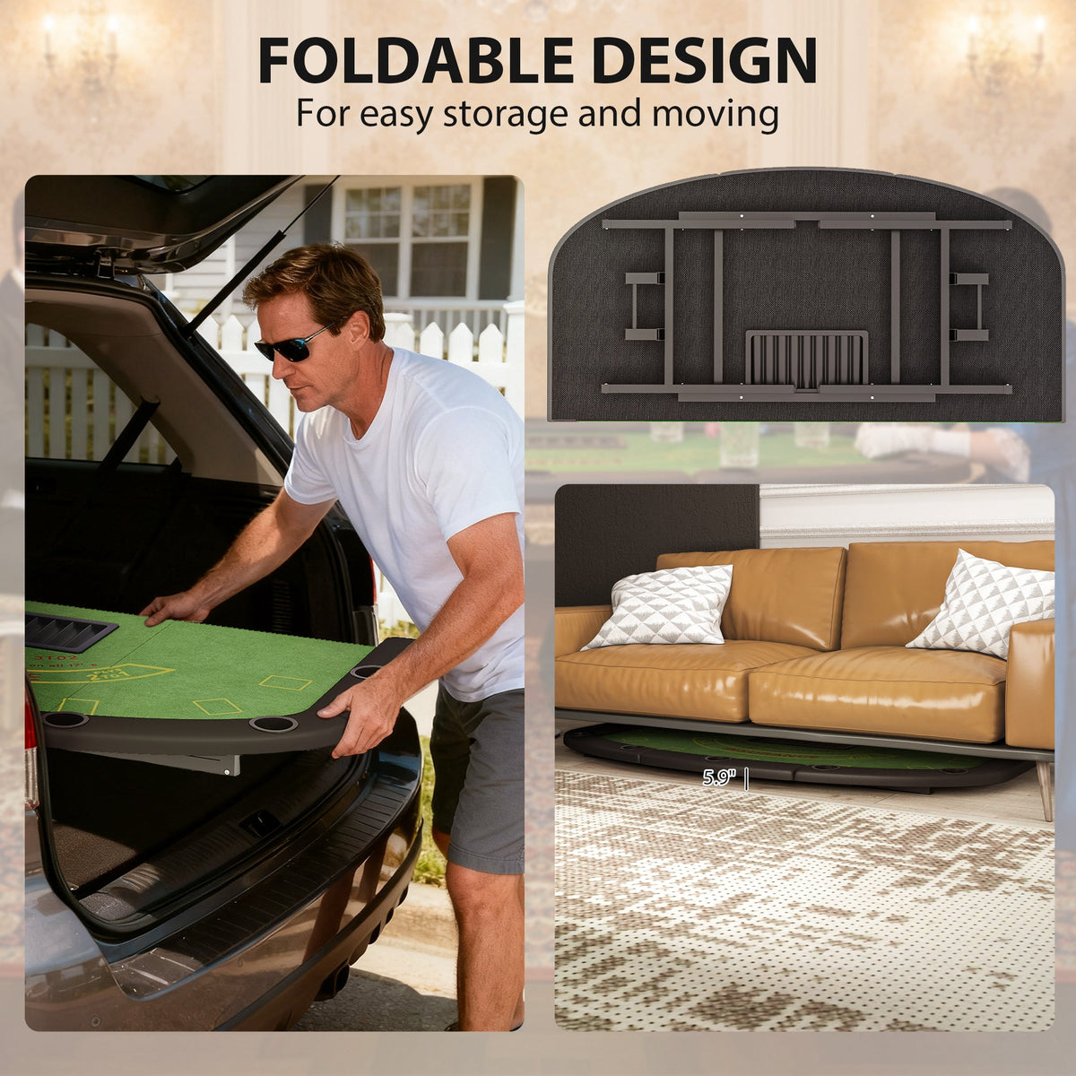 Poker Table Foldable, 72" Portable Blackjack Table for 8 Players with Felt Surface, Cup Holders, Green