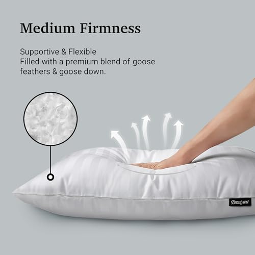 Beautyrest Hotel Collection Fluffy Luxury Goose Feathers Medium Firm Hypoallergenic Pillow, 500 Thread Count US Grown Cotton Cover (20x36”), King (Pack of 2), White 2