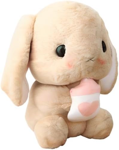 HOUPU Soft Toy - Sitting Lop Eared Rabbit, Easter White Rabbit Stuffed Bunny Animal with Carrot Soft Lovely Realistic Long-Eared Standing Pink Plush Toys (Brown-Milk Bottle,16.9in/43cm)