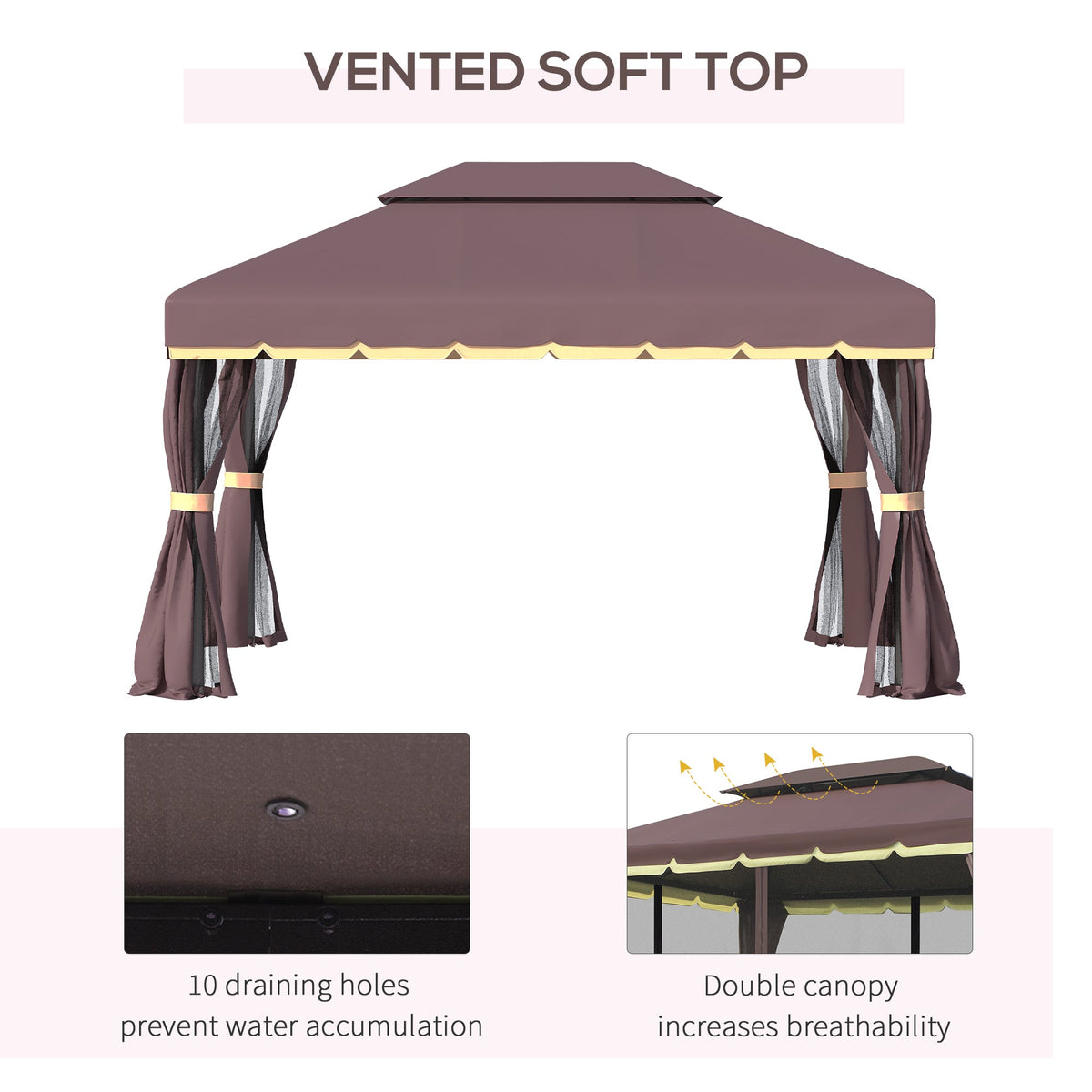 10' x 13' Patio Gazebo, Aluminum Frame Double Roof Outdoor Gazebo Canopy Shelter with Netting & Curtains, Coffee