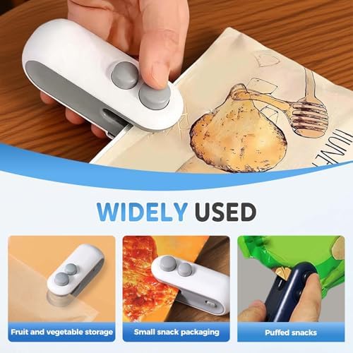 2-in-1 Mini Bag Sealer, Portable Handheld Heat Sealing Machine with Cutter & Magnet, Rechargeable Snack Bag Resealer for Food Storage, 2pcs White