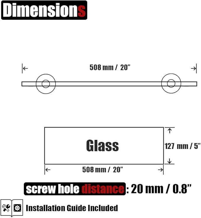 JQK Bathroom Glass Shelf Gold, Tempered Glass Shower Storage 20 by 5 inches, 304 Stainless Steel Brushed Gold Wall Mount, 2 Pack, TGS101L20-BG-P2