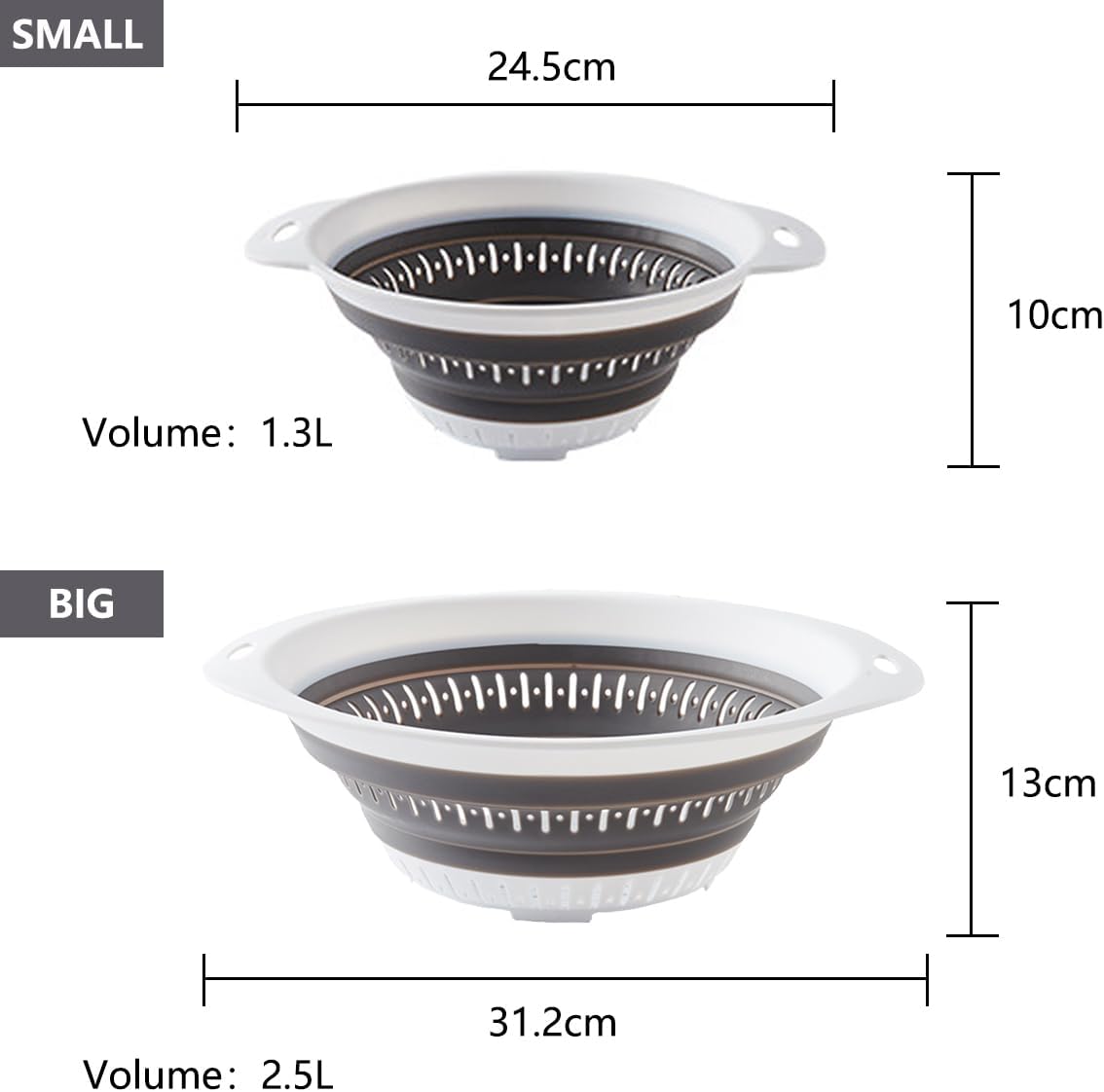 Collapsible Colander and Strainer,Silicone Strainer Colanders & Food Strainers,for Vegetable and Fruit, Kitchen Essentials (2, White, 2.5L+2.5L)