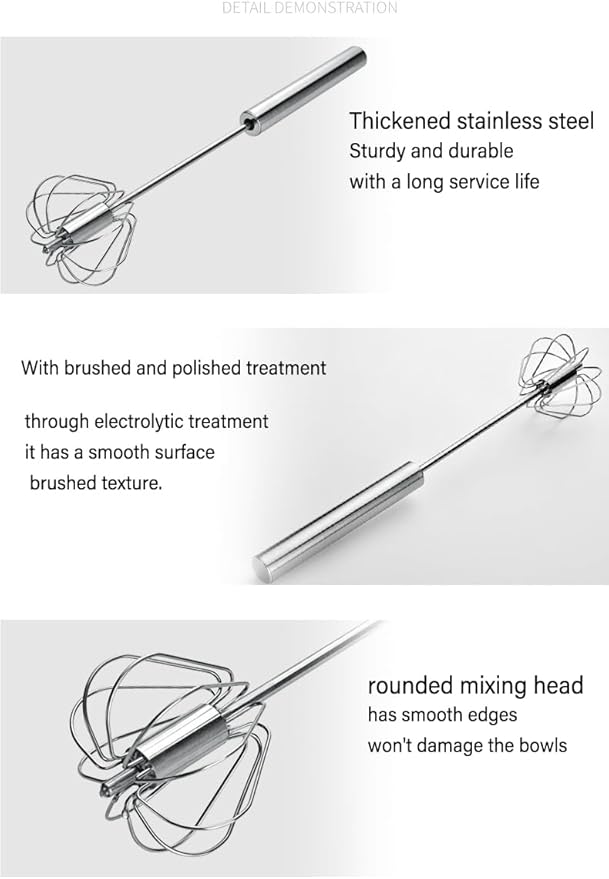 Stainless Steel Semi-Automatic Whisk, Hand Push Rotary Whisk Blender, Versatile Milk Frother for Blending, Whisking, Stirring (13 Inch)