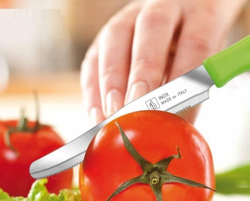 Tredoni 6 kitchen Knives - 4.3"/11cm Italian Stainless Steel Serrated Vegetable/Steak/Table Knife Cutlery, Rounded Tip (Orange)