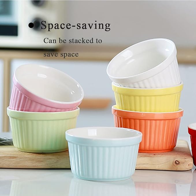 Ramekins 6oz Oven Safe,Creme Brulee Ramekin and Souffle Dishes,Porcelain Baking Bowls,Dipping Sauce Dish.Pudding Cups,Set of 6,Yellow.