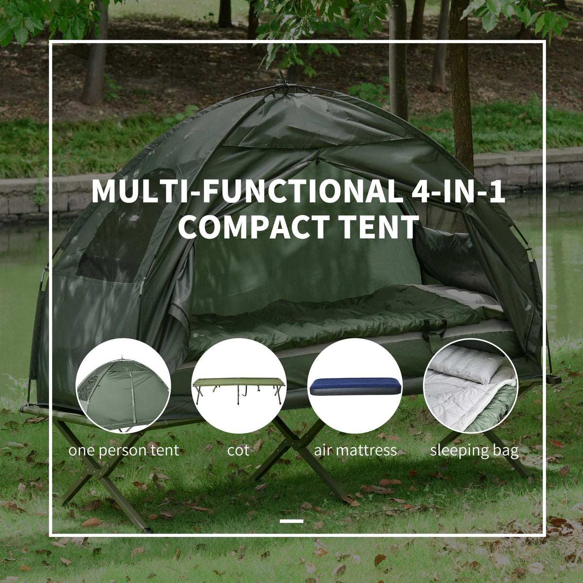 All-in-One Folding Camping Cots for Adults, Elevated Tent with Sleeping Bag, Thick Air Mattress Pad, Portable Single Sleeping Cot Camping Bed