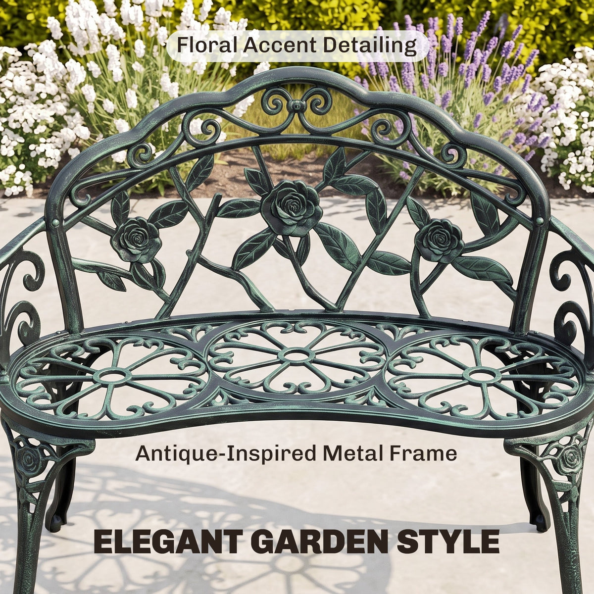 Outdoor Bench, Cast Aluminum Outdoor Furniture, Metal Bench with Floral Rose Accent & Antique Finish, Green