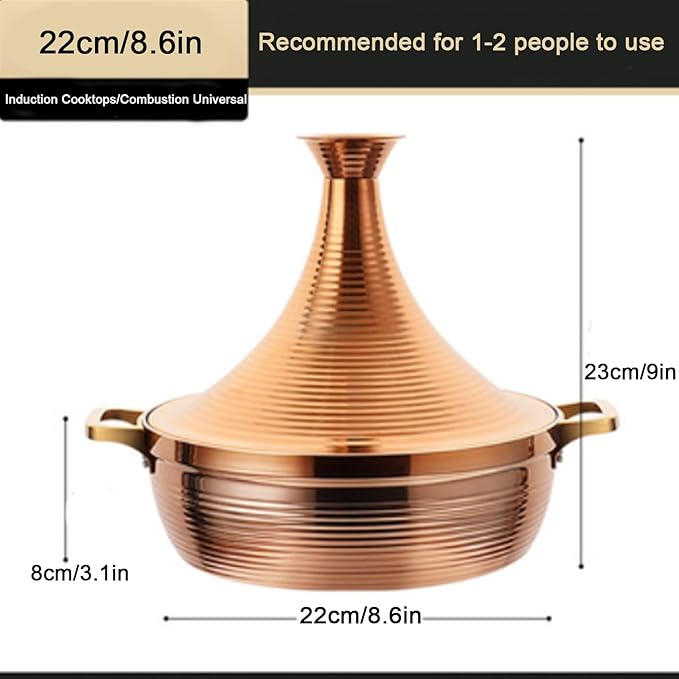 Stainless Steel Moroccan Tagine Pot, Large Moroccan Tajine Casserole with Cone-Shaped Lid, Non Stick Tagine Cooking Pot with 2 Handles(22cm/8.6in, Gold)