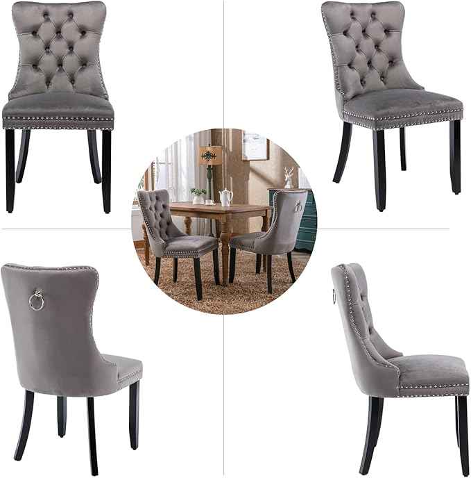 Grey Velvet Dining Chairs Set of 2, Upholstered Dining Room Chairs with Back Ring Pull Trim and Solid Wood Legs,Tufted Wingback Kitchen Chairs for Dining Room,Living Room,Kitchen(Grey)