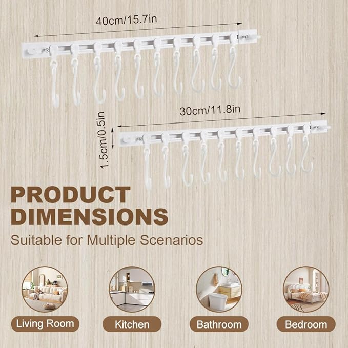 Multifunctional Slide Rail Hook,Kitchen Utensil Hanging Rack Wall Mounted Hanger,Space Saving Utensil Holder with 10 Hooks ,Sliding Track Hook No Drilling Hanger for Home Office (Length 40cm/2pcs)