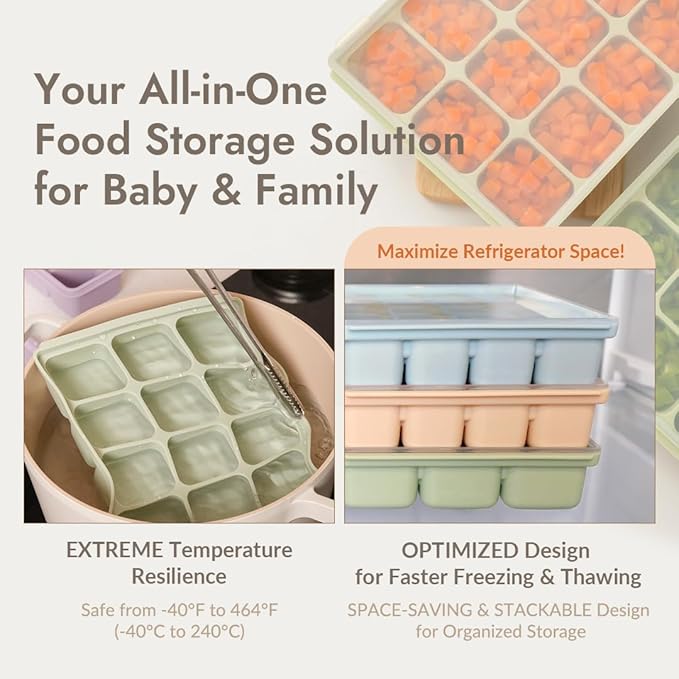 Baby Food Storage Silicone Cubes with Clip-On Lid Freezer Tray Baby Food Soups Purees Ice Safe Design Made in Korea(20cubes 0.8oz, Sand Beige Set of 2)
