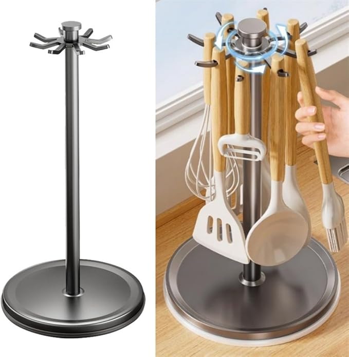 Organizer Rack Rotatable Utensil Holder, With 8 Hooks And 360 Degree Rotation For Kitchen Countertop, Space Saving Organizer For Cooking Tools(Grey)