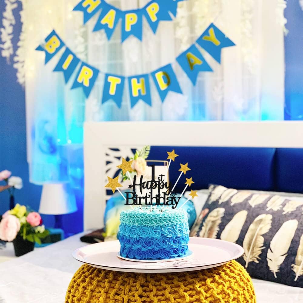 Glittery 1st Happy Birthday Cake Topper with Star,Personalised 1 Birthday Cake Toppers Party Decorations Party Supplies for Baby Boys Girls Black Gold