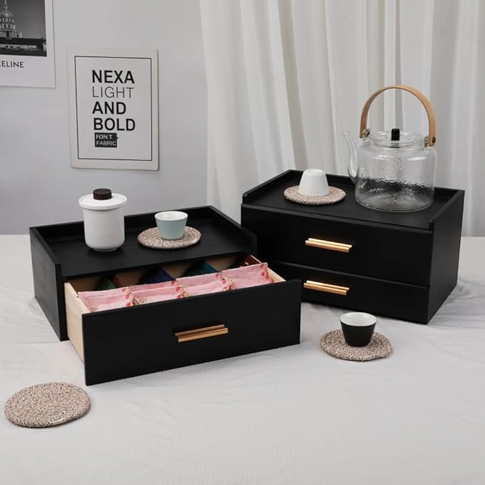 Tea Organizers and Storage Box Tea Station organizer for Countertop with 4 Cotton Woven Coasters Pine Wood Tea Bag Organizer Drawer Teabag Holder with 8 Compartments Wooden Sugar Packet Holder(Black)