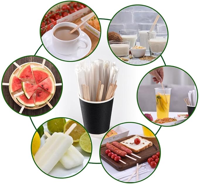 200pcs Individually Wrapped Coffee Stirrers Wood - 7" Coffee Stir Sticks, Round End Disposable coffee stirrer, For Coffee, Cocktail and Hot Drinks