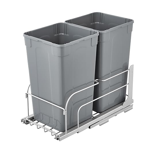 VEVOR Pull-Out Trash Can, 27 QT x2 Double Under Mount Kitchen Waste Container, Heavy Duty Garbage Recycling Bin with Door Kit and Soft Close Slide, for Kitchen Cabinet, Sink, Under Counter (Grey)