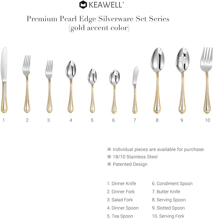 KEAWELL Pearl Edge 4-Piece Premium Spoon Set, 18/10 Stainless Steel, Fine Silverware Spoons with Refined Bead Design, Brightly Polished, Dishwasher Safe (Gold Accent, 9" Serving Spoons)