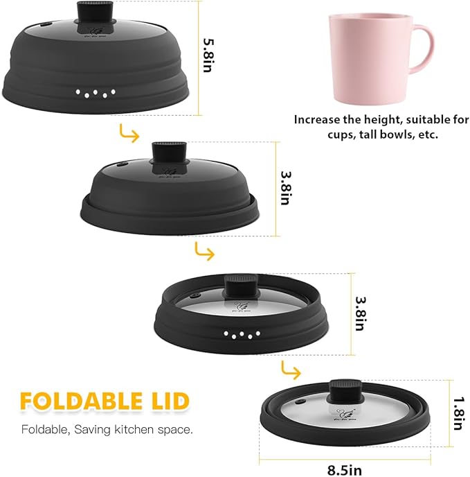 Tall Microwave Splatter Cover Glass Cover Guard Lid 5.8 inch Height with Collapsible Silicone for Food Pot Plate 8.5 inch Black