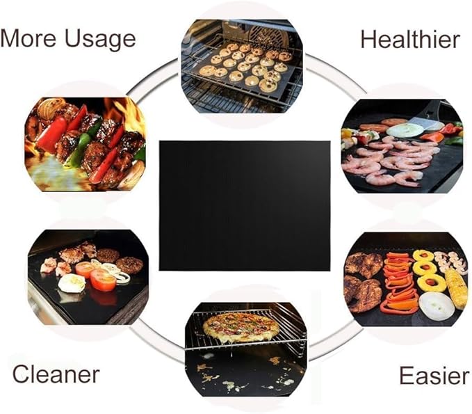Renook Grill Mat Set of 6-100% Non-Stick Reusable Mats for Gas, Charcoal or Electric Grills - Easy to Clean - 23 x 16.5-Inch, Black