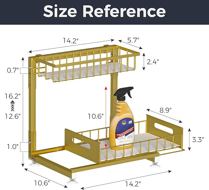 L-Shaped Under Sink Organizer, 2 Pack 2-Tier Pull Out Metal Kitchen Cabinet Organizer with Sliding Storage Drawer, Height Adjustable Heavy Duty Under Bathroom Sink Storage for Cleaning Supplies