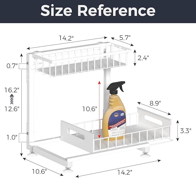 L-Shaped Under Sink Organizer, 2 Pack 2-Tier Pull Out Metal Kitchen Cabinet Organizer with Sliding Storage Drawer, Height Adjustable Heavy Duty Under Bathroom Sink Storage for Cleaning Supplies