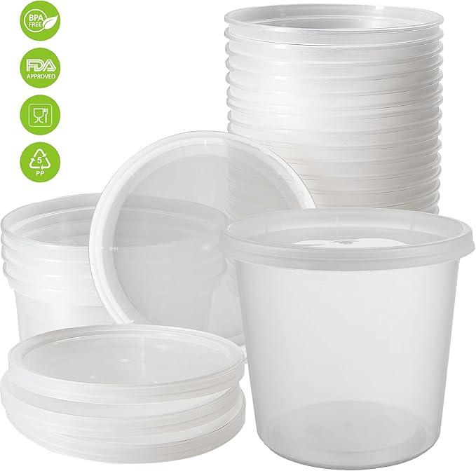 DuraHome Deli Containers with Lids 24oz. Leakproof 30 Sets BPA-Free Plastic Food Storage Cups Clear Airtight Takeout Container Heavy-Duty, Microwaveable Freezer Safe Disposable/Reusable