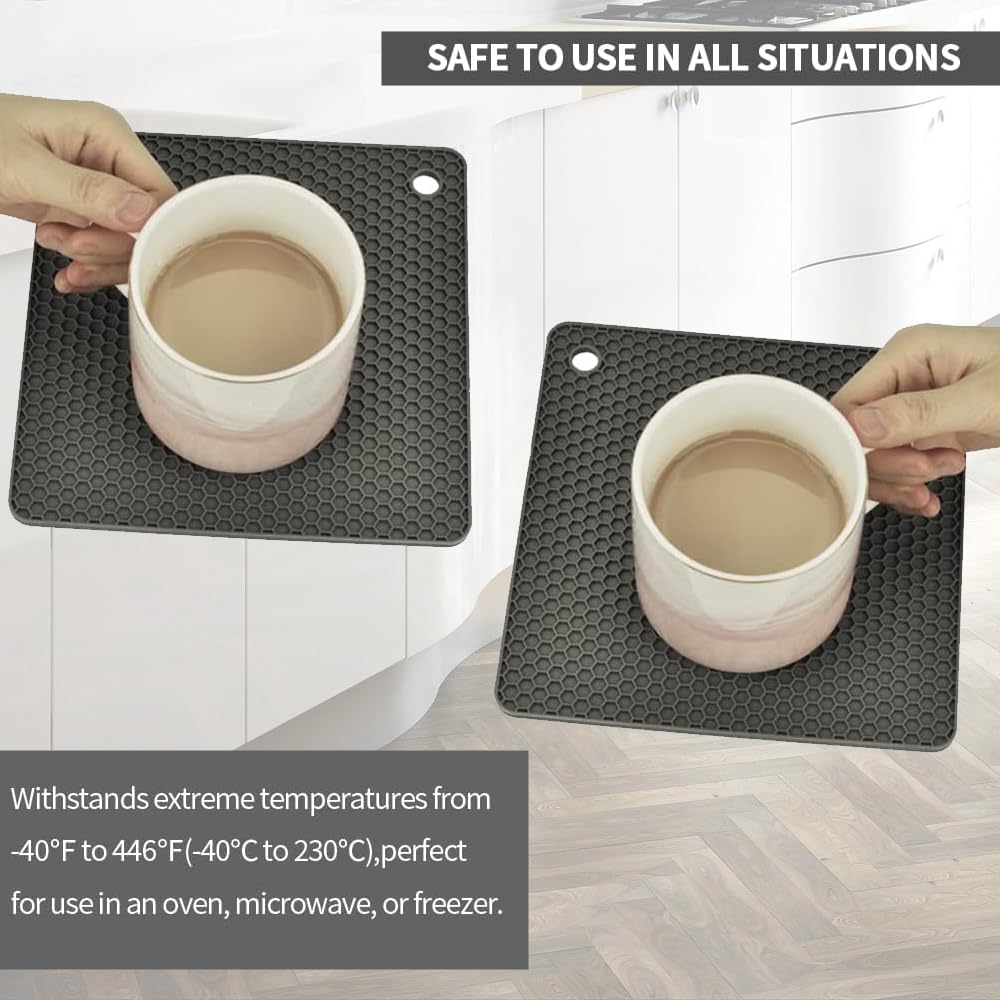 Silicone Trivets for Hot Pots and Pans, Multi-Purpose Trivet Mat for Hot Dishes Set of 4, Heat Resistant Durable Flexible Silicone Pot Mat for Countertop, Easy to Wash and Dry, Dark Gray, Square