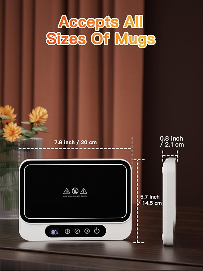 Misby Mug Warmer, 50W Large Heating Panel Coffee Mug Warmer with 6-Temp Settings, 8H Auto Shut-Off, 12H Timer, Ultra-Thin Design, Coffee Cup Warmer for Desk, Ideal for Home, Office, Travel (White)