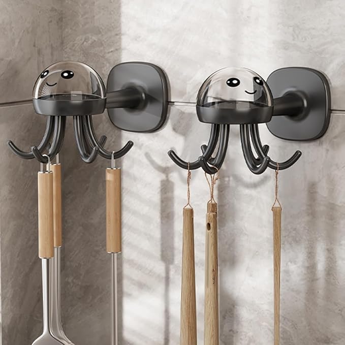 PRETYZOOM Rotating 6-Claw Kitchen Utensil Hook Rack Wall-Mounted Holder Organizer, Space-Saving Hanging Storage for Cooking Spoons, Spatulas, Black