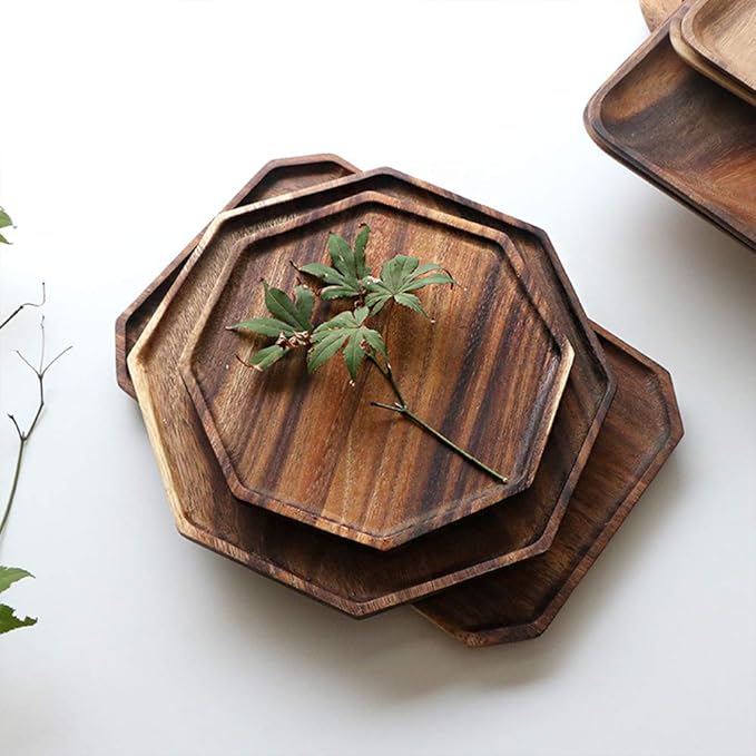 Set of 2 Acacia Wooden Trays Serving Platters Round Square Veggie Serving Tray Decor Bread Charcuterie Board Fruit Hosting Essentials Cheese Platter Vegetable Food Dish Charger Plate Charcuterie Board