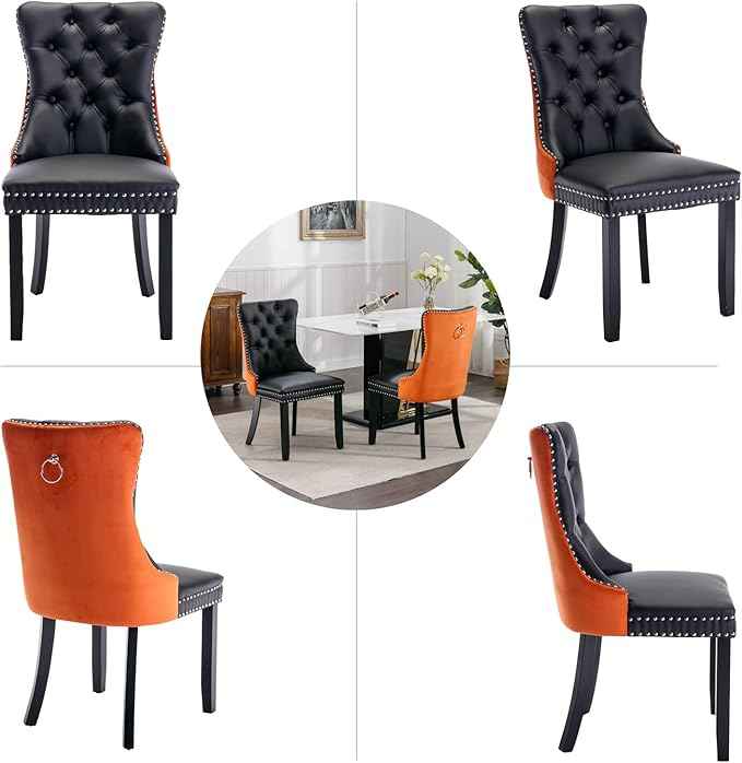 Dining Chairs Set of 4, Upholstered Dining Room Chairs with Back Ring Pull Trim and Solid Wooden Legs, Modern Tufted Kitchen Chairs Perfect for Dining Room, Black Pu Leather Splicing Orange Velvet
