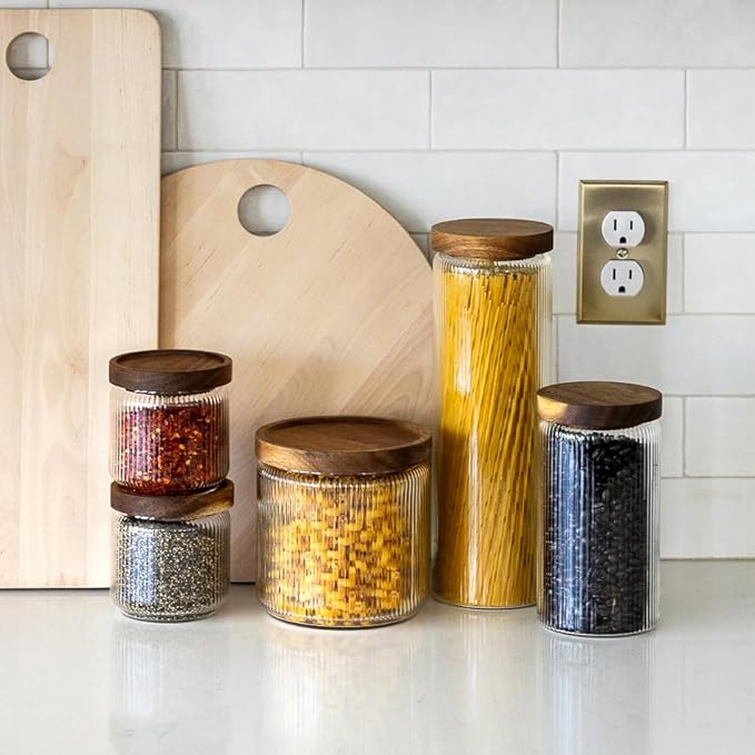 Mason & Fable Ribbed Glass Jar with Wooden Lid 70fl.oz- Set of 2 | Airtight Fluted Storage Container for Cookies, Pasta, Coffee, Dog Treats, Snacks | Organization Canisters for Home & Kitchen