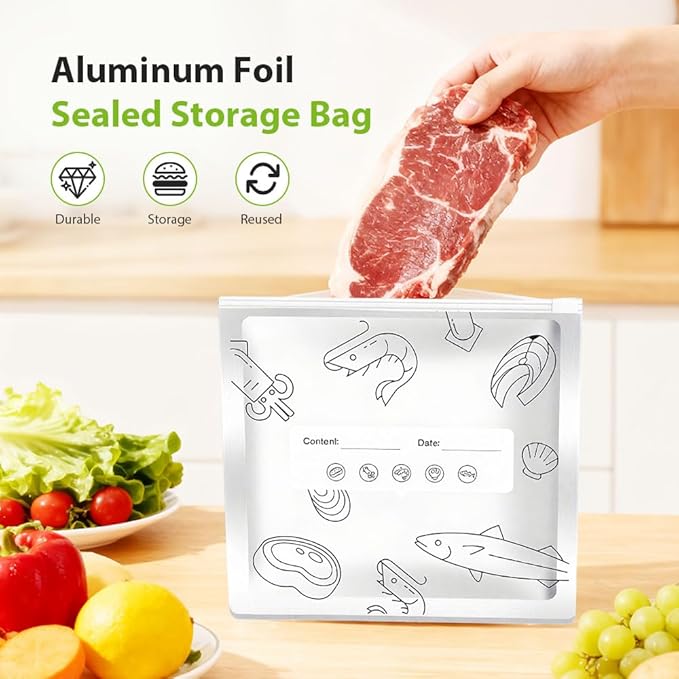 Reusable Aluminum Foil Sealable Storage Bags, 2026 New Resealable Vacuum Zipper Pouches, Stand Up Foil Sealable Bags with Label and Zip Lock for Kitchen (20, Medium)