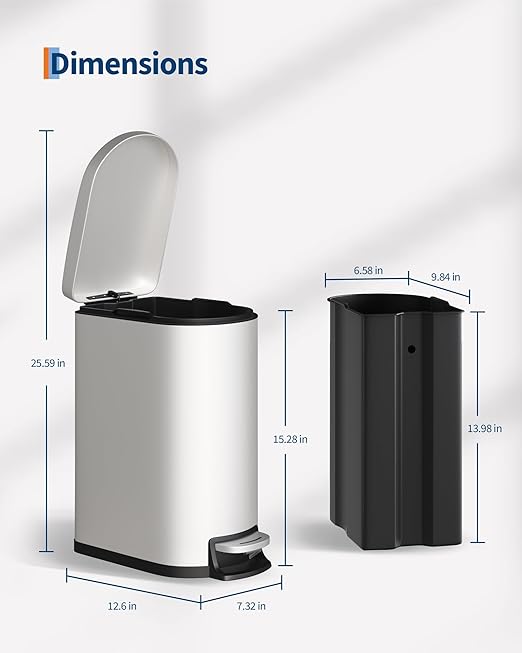 GarveeHome 2.6 Gallon Bathroom Trash Can, Space-Saving Slim Stainless Steel Step-On Garbage Bin with Soft Close Lid, Removable Inner Bucket for Bathroom & Bedroom, White