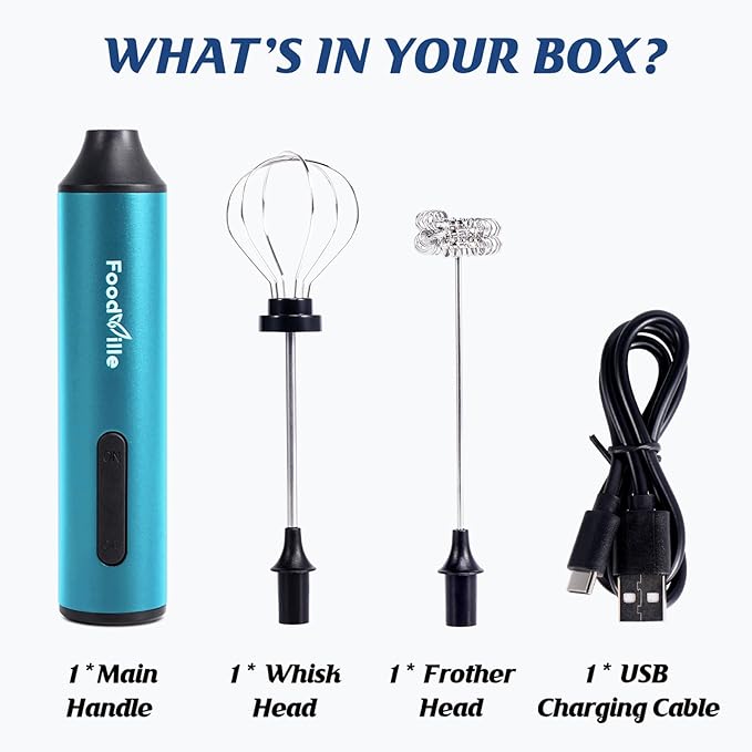 FoodVille MF05 Rechargeable Milk Frother USB Charging Handheld Foam Maker with Stainless Balloon Whisk for Cappuccino, Latte, Bulletproof Coffee, Keto Diet, Protein Powder, Matcha (Azure Blue)