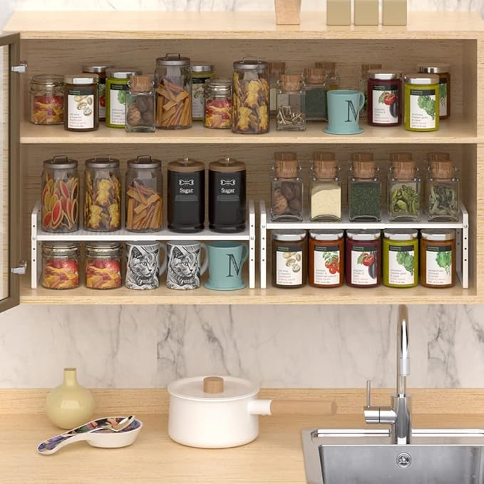 Expandable Cabinet Shelf Rack, Large Kitchen Cupboard Organizer Stackable Cabinet Pantry Shelf, Organization and Storage for Kitchen Bathroom, Metal Plate, White, 3 Pack