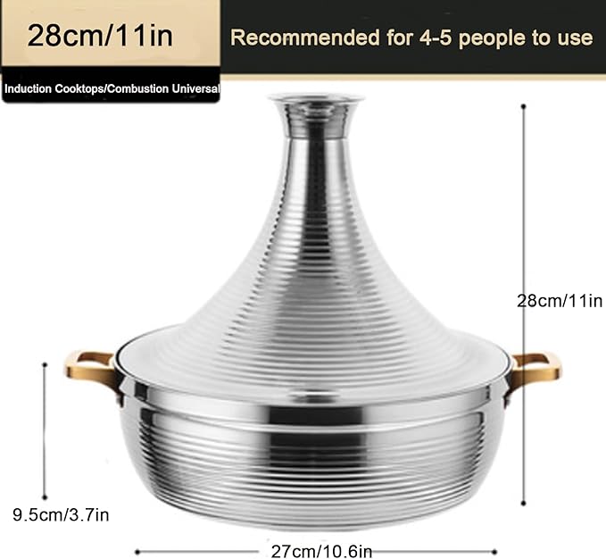 Stainless Steel Moroccan Tagine Pot, Large Moroccan Tajine Casserole with Cone-Shaped Lid, Non Stick Tagine Cooking Pot with 2 Handles(28cm/11in, Silver)