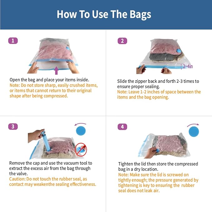 7 Pack Large Space Saver Vacuum Storage Bags for Clothing Travel, Vacuum Seal Compression Bags for Clothes, Packing, Luggage, Blankets, Comforters and Pillows, Hand Pump Included