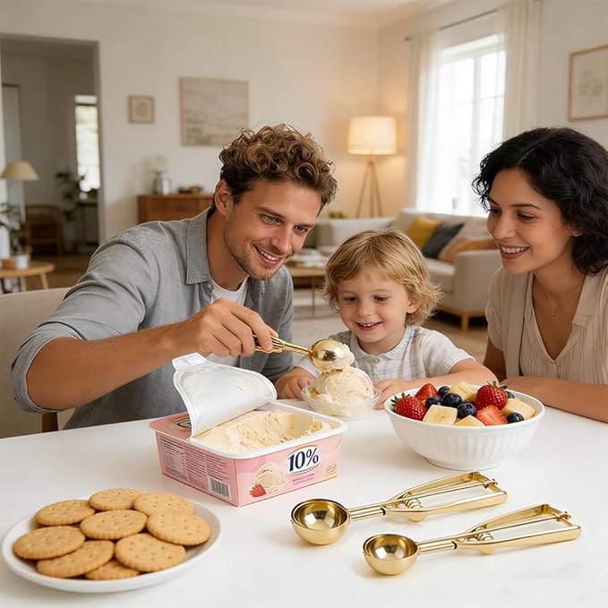 Gold Ice Cream Scoop 304 Stainless Steel Cookie Scoops for Baking Melon Baller with Trigger 3 Sizes (Gold, M)