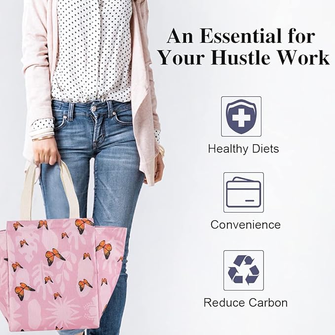 iknoe Insulated Lunch Bag for Women, 9L Sturdy Wide-Open Foldable & Portable Lunch Tote with Interior Pockets, Water-resistant Thermal Lunch Cooler for Adults Picnic Beach-Pink Butterfly