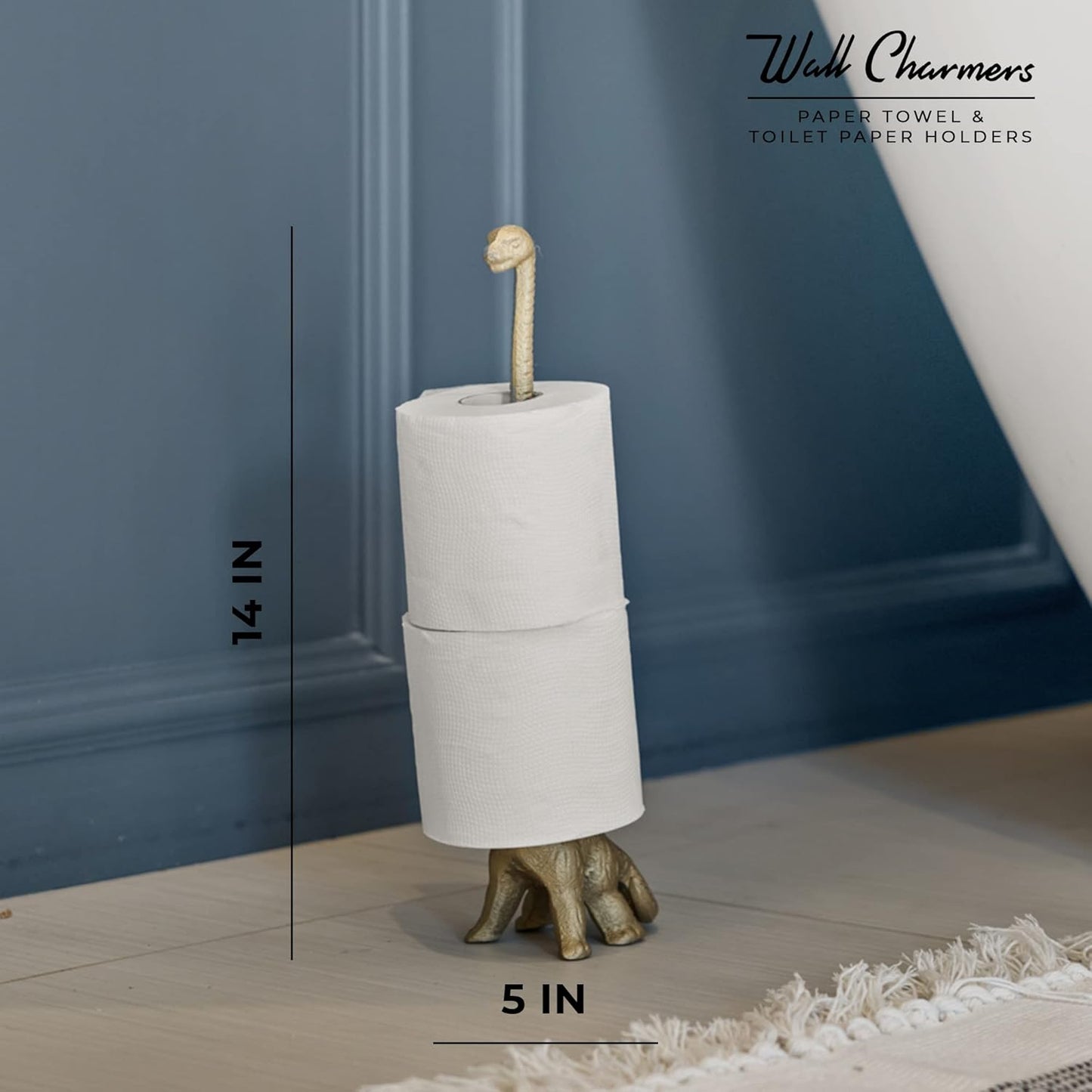 WallCharmers Gold Paper Towel Holder, Metal Toilet or Kitchen Paper Holder for Floor or Countertop, Gold Dino