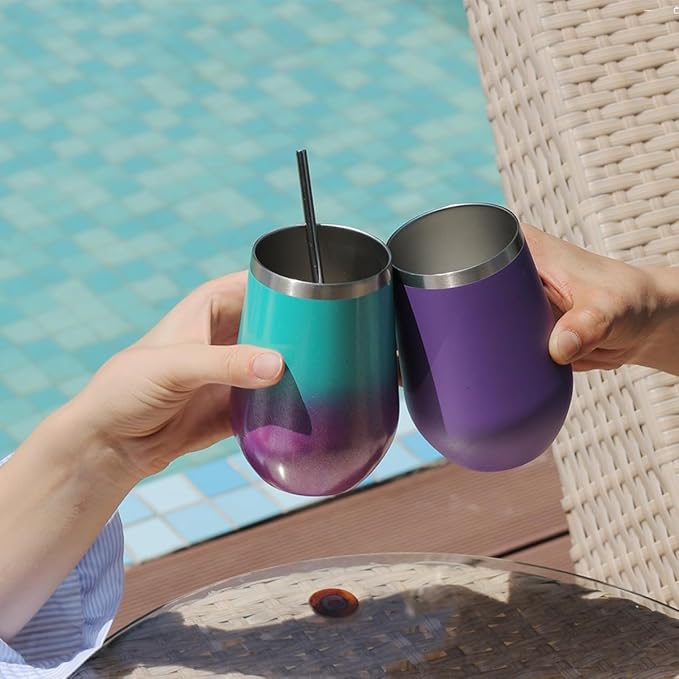 MEWAY 12oz Stainless Steel Wine Tumbler with Lid and Straw - Double Wall Stainless Steel Coffee Mug, Gift for Woman Under 10 dollars, 12 Pack Bulk tumblers(Purple,Set of 12)