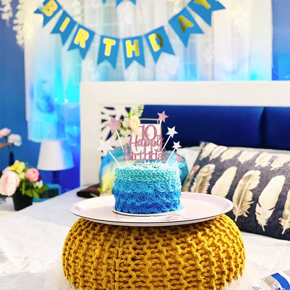 Glittery 10th Happy Birthday Cake Topper with Star,Personalised 10 Birthday Cake Toppers Party Decorations Party Supplies for Boys Girls Rose Gold