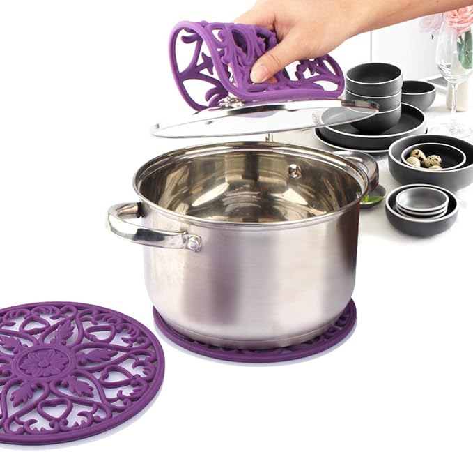 ME.FAN Trivets for Dishes/Pots/Pans, 3 Pcs Silicone Mats, Flexible/Durable/Non Slip Hot Pads to Protect Table and Counter Top (Purple)
