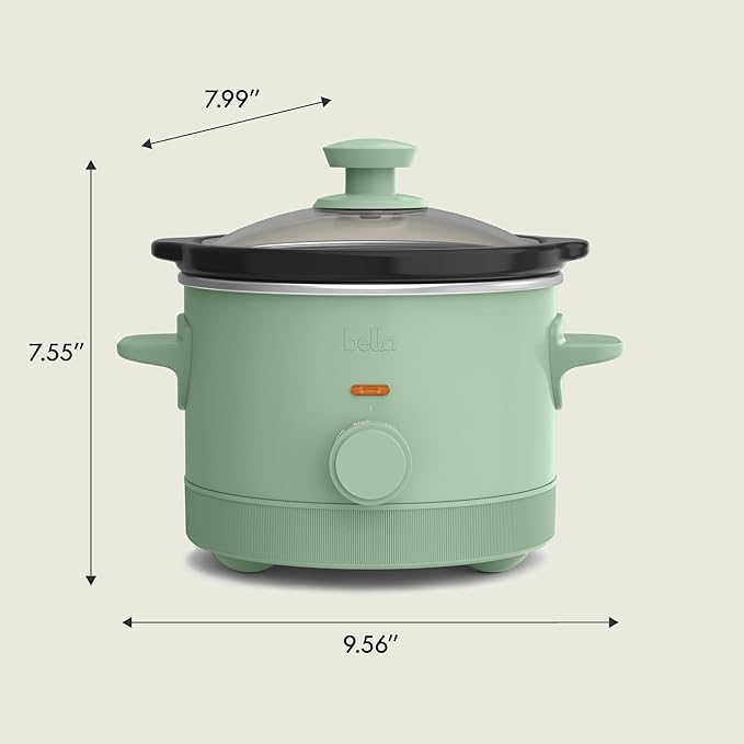 bella 1.5 Qt Slow Cooker with 3 Heat Manual Control, Ceramic Nonstick Coating, Dishwasher Safe Stoneware Pot and Tempered Glass Lid, Tangle Free Cord Wrap & Cool Touch Handles, Seaglass